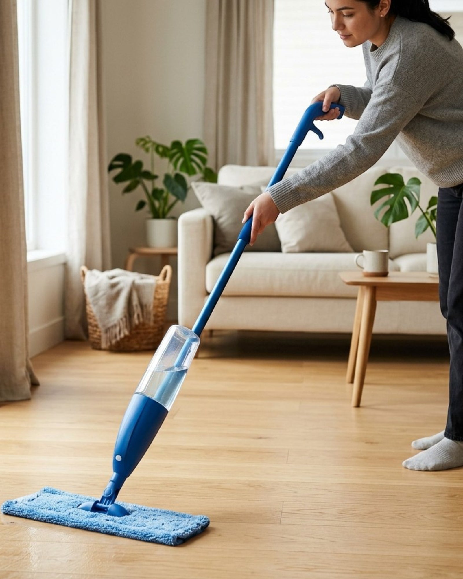 Minmly Spray Mop Refillable Bottle Microfiber Pad Blue