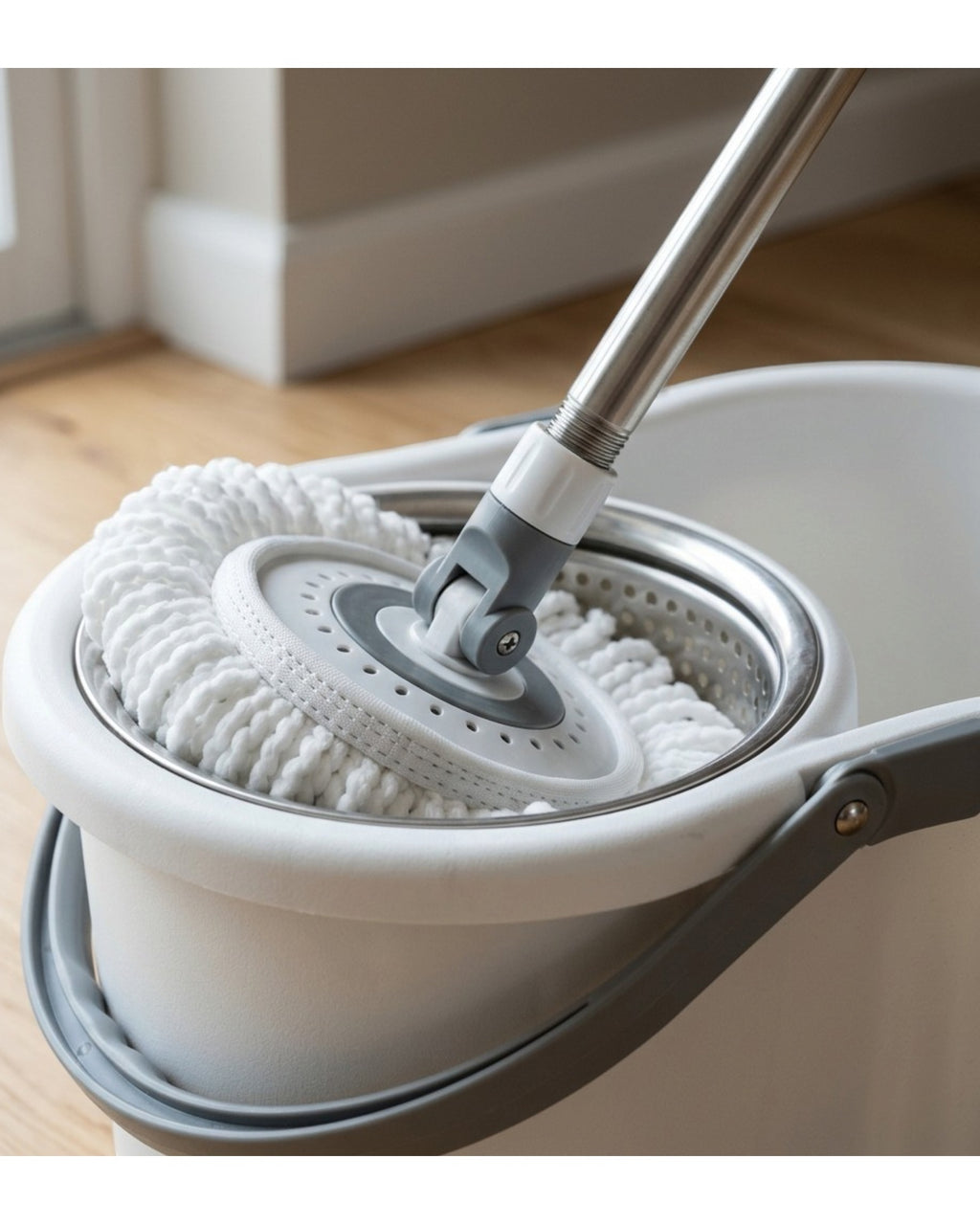 Minmly Spin Mop Bucket Set Stainless Steel Handle White
