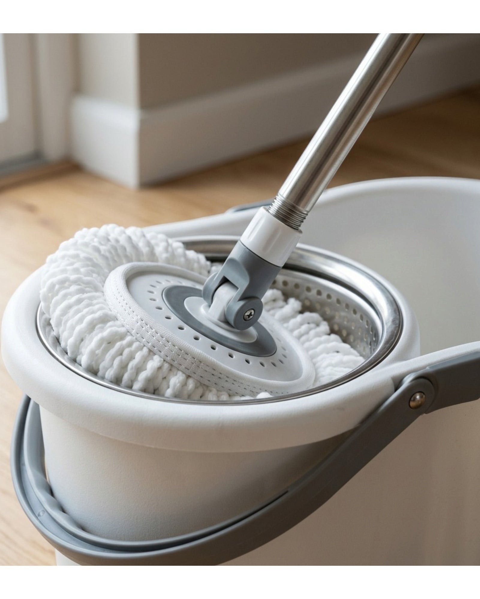 Minmly Spin Mop Bucket Set Stainless Steel Handle White