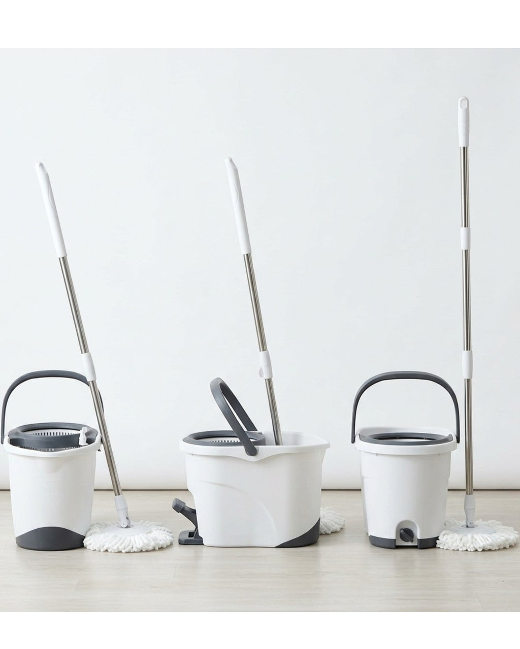 Minmly Spin Mop Bucket Set Stainless Steel Handle White