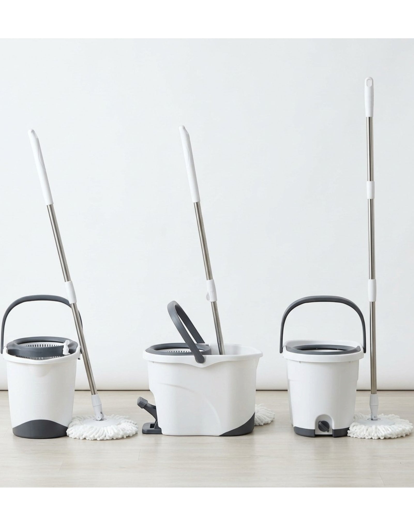 Minmly Spin Mop Bucket Set Stainless Steel Handle White